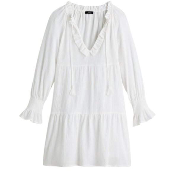 J Crew Women M White Tiered Tunic Gauze Dress Smocked Ruffle Cuff Tassels Beachy - Picture 1 of 16